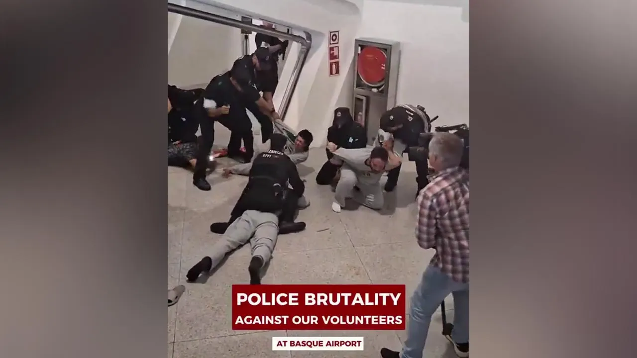 OUTRAGEOUS! In front of their families and the entire Basque press, our Flotilla volunteers were attacked by the airport police in Bilbao, Basque Country-Spain, upon returning to their home country. -- X  Thiago Ávila