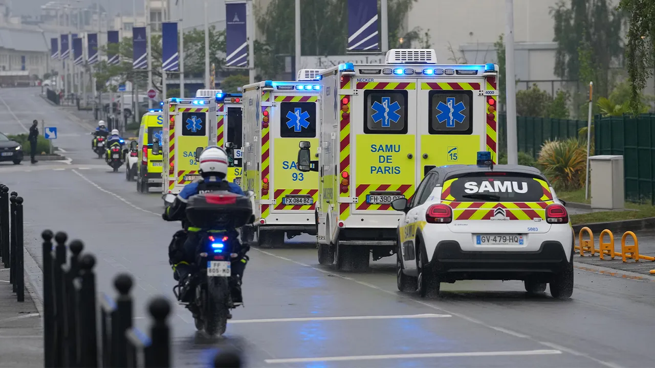 Ambulances carrying patients evacuated from the MV Hondius cruise ship with suspected hantavirus infection, leave the Bourget airport, north of Paris, Sunday, May 10, 2026. (AP Photo/Thibault Camus)