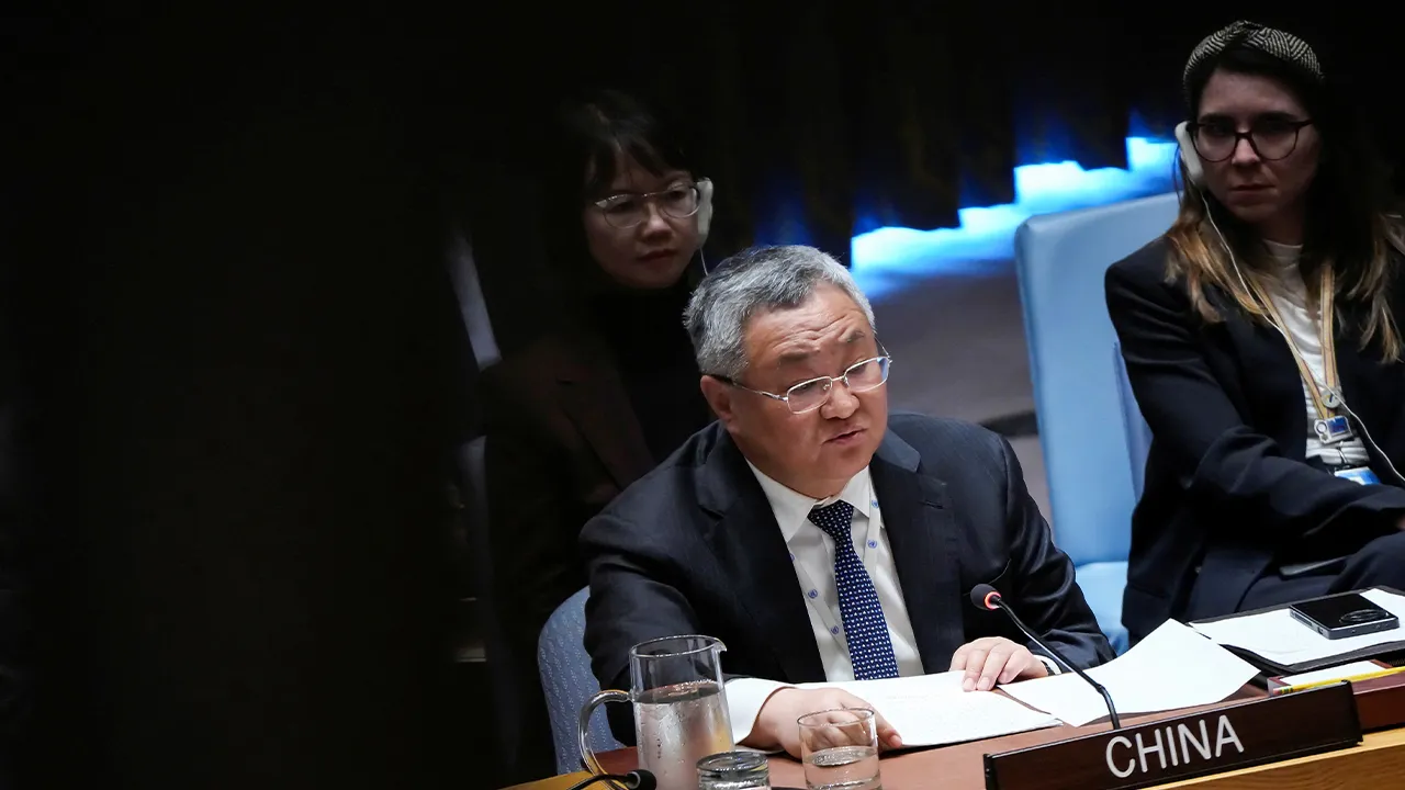 China's Permanent Representative to the UN, Fu Cong addresses a Security Council meeting on maritime safety at U.N. headquarters in New York City, U.S., April 27, 2026. REUTERS/Eduardo Munoz