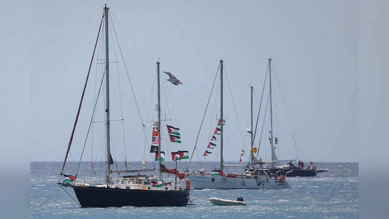 Vessels of the Global Sumud Flotilla, which was intercepted on international waters by the Israeli Navy, sail off the city of Ierapetra, on the island of Crete, Greece, May 1, 2026. REUTERS/Stefanos Rapanis TPX IMAGES OF THE DAY