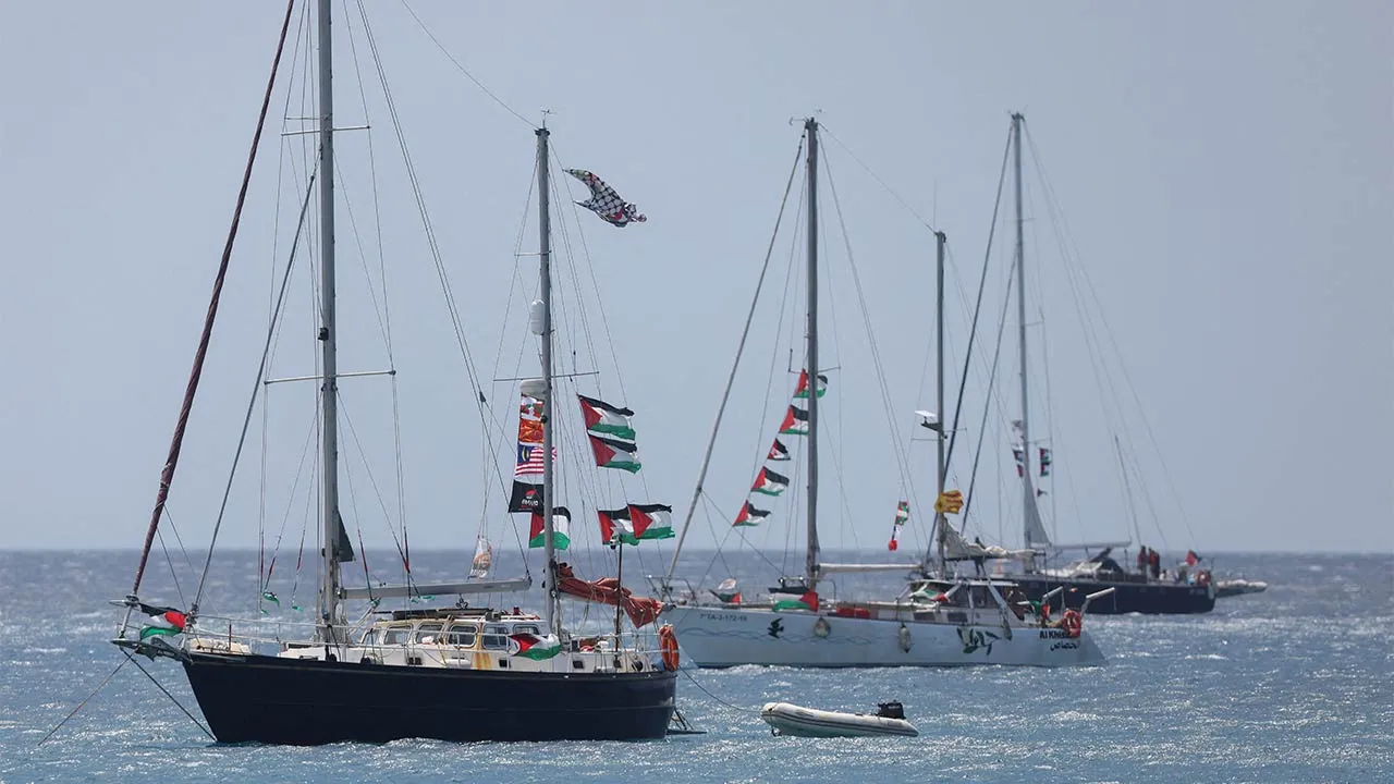 Vessels of the Global Sumud Flotilla, which was intercepted on international waters by the Israeli Navy, sail off the city of Ierapetra, on the island of Crete, Greece, May 1, 2026. REUTERS/Stefanos Rapanis TPX IMAGES OF THE DAY