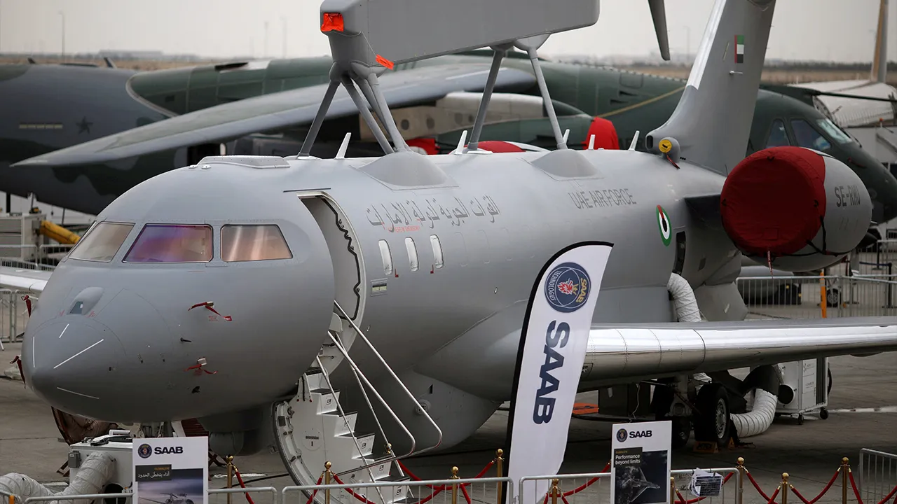 A GlobalEye aircraft, manufactured by Saab Technologies, on static design during the fifth day of Dubai Air Show in Dubai, United Arab Emirates November 21, 2019. Picture taken November 21, 2019. REUTERS/Christopher Pike