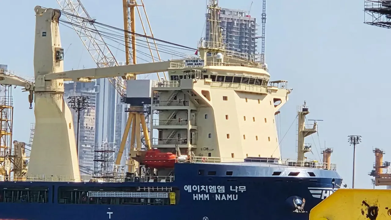 The South Korean-operated vessel HMM NAMU is docked after being damaged from a fire following an explosion in the Strait of Hormuz, at a port in Dubai, United Arab Emirates, Friday, May 8, 2026. (Kim Sang-hun/Yonhap via AP)