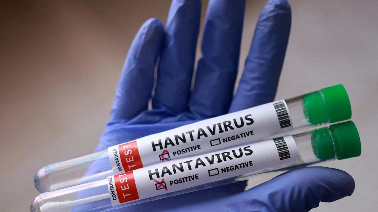 FILE PHOTO: Test tubes labelled "Hantavirus positive" are held in this illustration taken May 7, 2026. REUTERS/Dado Ruvic/Illustration/File Photo