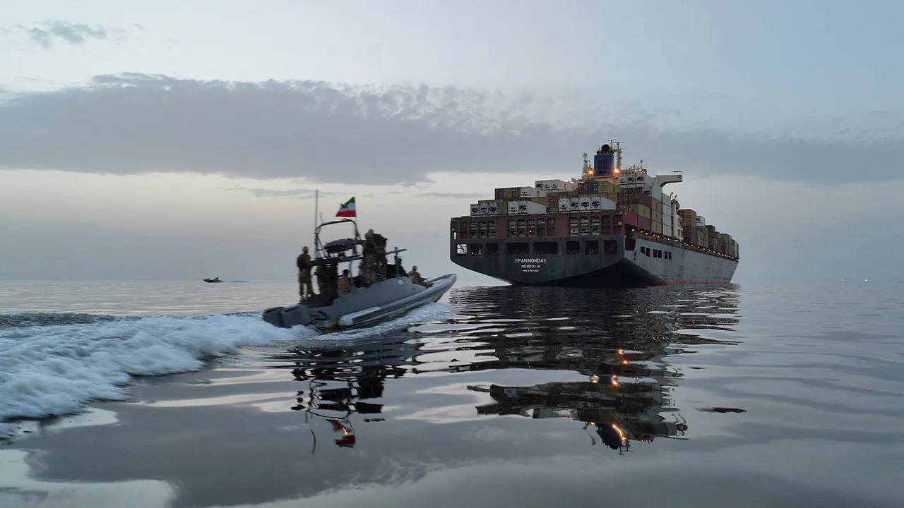 The Epaminondas ship is seen during seizure by the Islamic Revolutionary Guard Corps (IRGC) in the Strait of Hormuz, Iran, in this image obtained by Reuters on April 24, 2026. Meysam Mirzadeh/Tasnim/WANA (West Asia News Agency) via REUTERS ATTENTION EDITORS - THIS PICTURE WAS PROVIDED BY A THIRD PARTY TPX IMAGES OF THE DAY