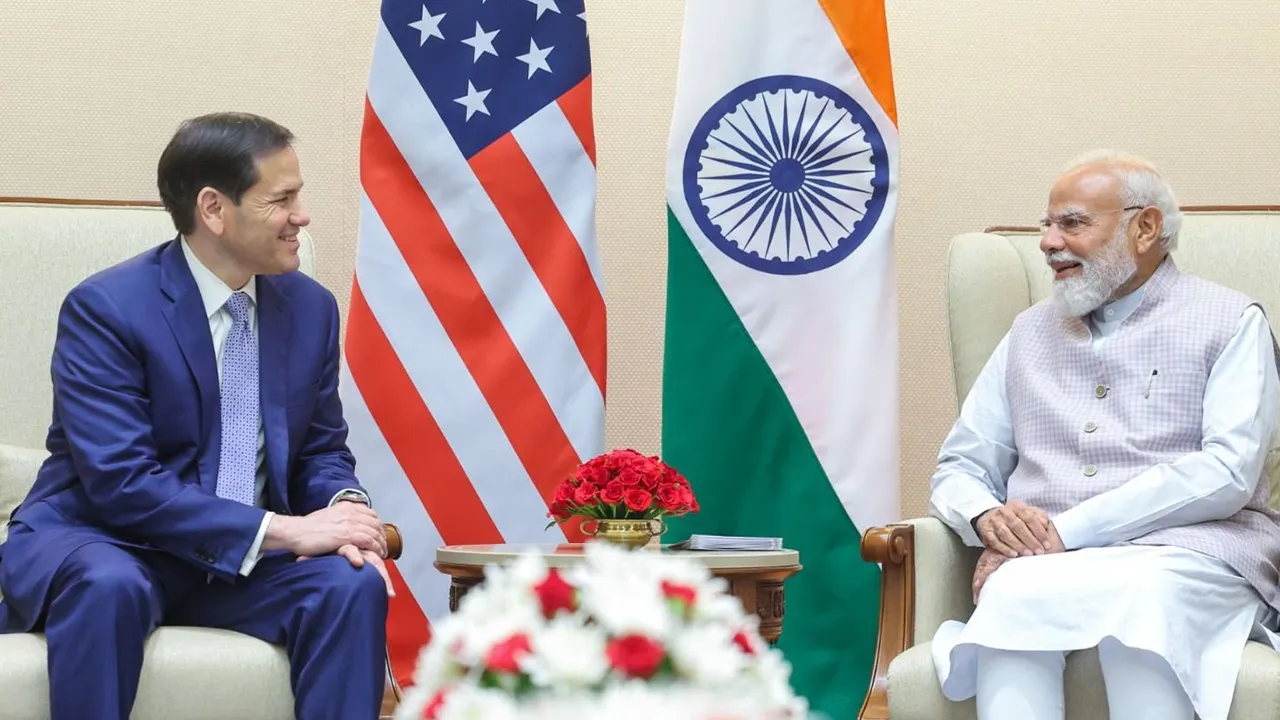 This photo shared by Indian Prime Minister Narendra Modi on his X handle shows him sitting on the right, speaking with United States Secretary of State Marco Rubio in New Delhi, India, Saturday, May 23, 2026.(Indian Prime Minister Narendra Modi on X via AP)