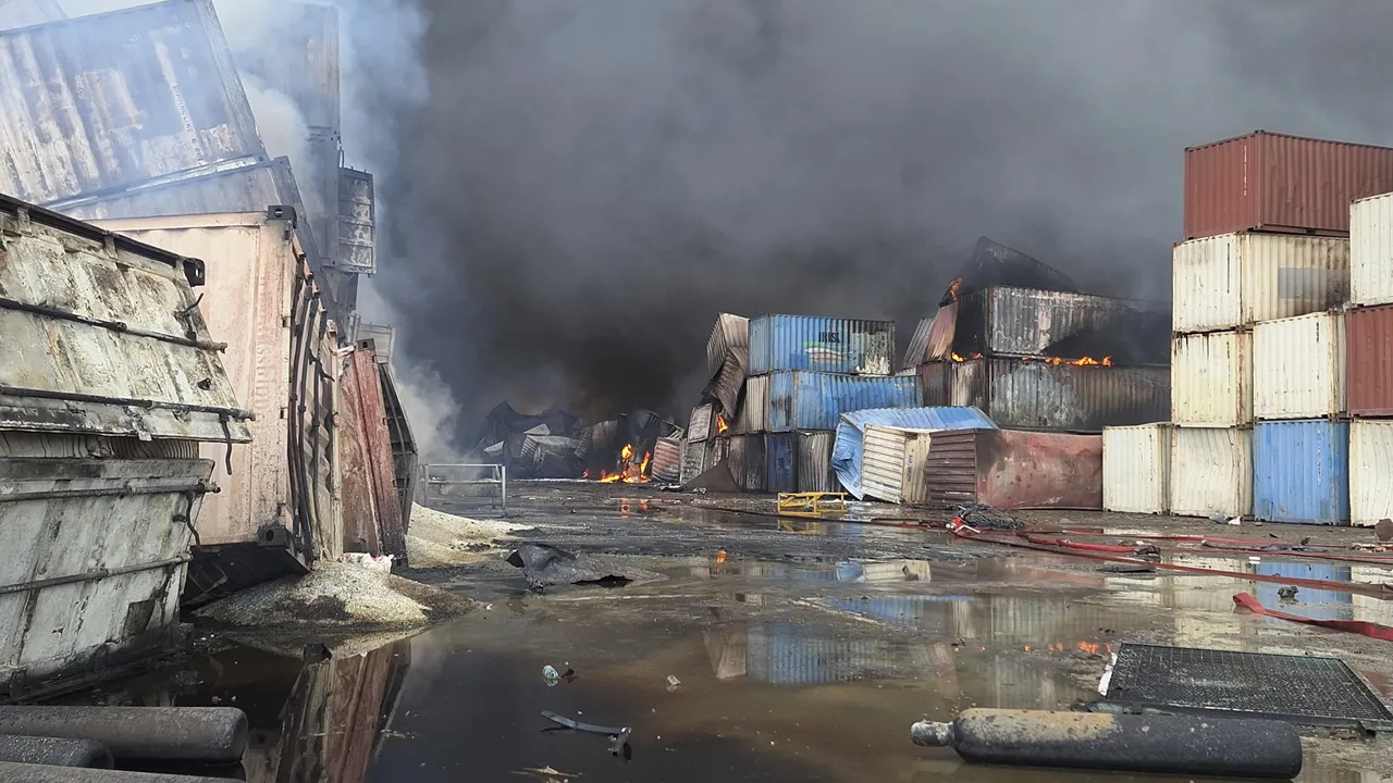 1 of 16| Containers burn, Sunday, April 27, 2025, after a massive explosion and fire rocked a port near the southern port city of Bandar Abbas, Iran, on Saturday. (AP Photo/Meysam Mirzadeh/Tasnim News)