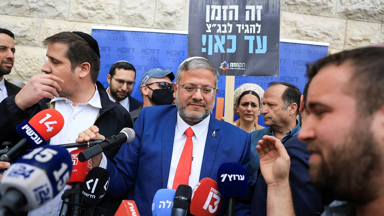 FILE PHOTO: Israeli National Security Minister Itamar Ben-Gvir speaks to members of the media on the day the Supreme Court hears a petition seeking to force Prime Minister Benjamin Netanyahu to remove him, in Jerusalem, April 15, 2026. REUTERS/Ronen Zvulun/File Photo