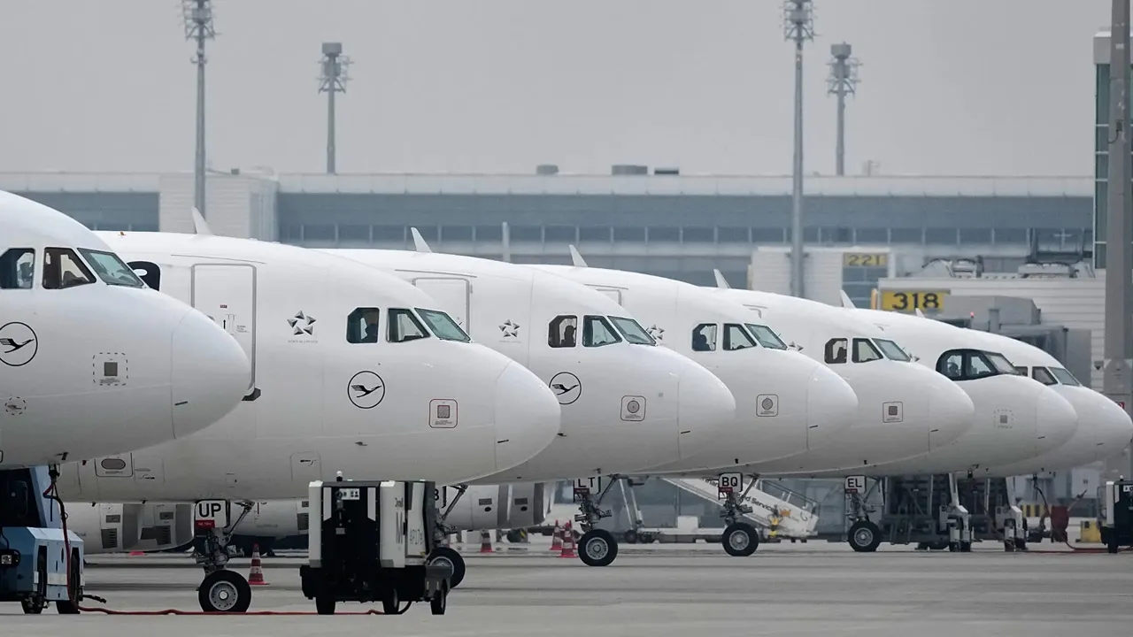 Lufthansa aircraft are parked at an airport as Lufthansa pilots are on a two-day strike in Munich, Germany, Monday, April 13, 2026. -  Copyright  Copyright 2026 The Associated Press.