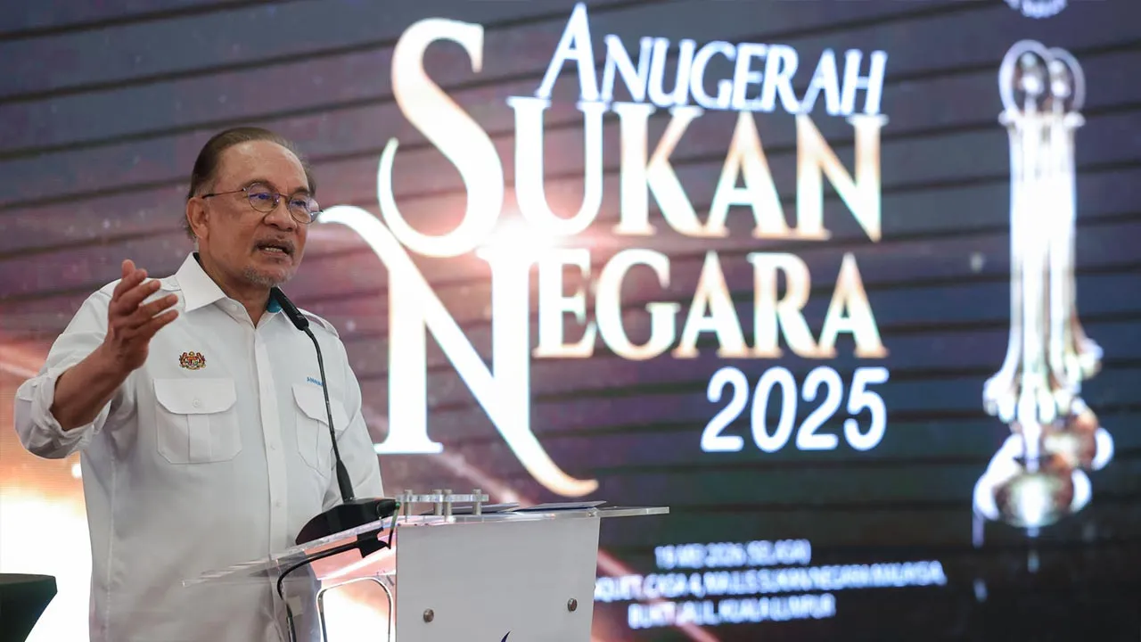 Kuala Lumpur , 19 Mei 2026.Perdana Menteri ,Datuk Seri Anwar Ibrahim  berucap pada  Majlis Anugerah Sukan Negara 2025 di Majlis Sukan Negara Bukit Jalil.Astro AWANI/SHAHIR OMAR