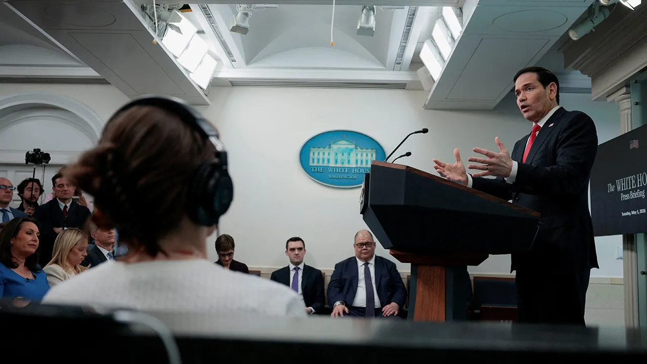 U.S. Secretary of State Marco Rubio speaks during a press briefing in the James S. Brady Press Briefing Room at the White House in Washington, D.C., U.S., May 5, 2026. REUTERS/Evan Vucci