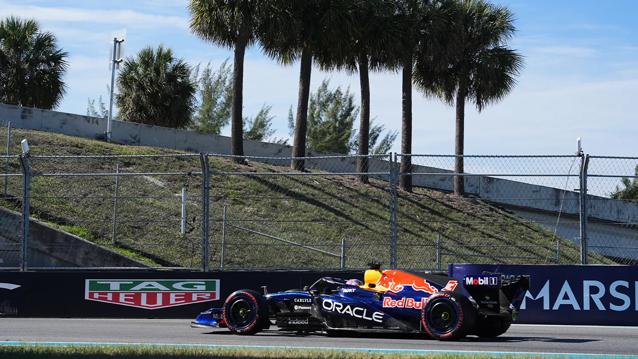 Red Bull driver Max Verstappen of the Netherlands steers his car during a qualifying session for the Miami Formula One Grand Prix auto race, Saturday, May 2, 2026, in Miami Gardens, Fla. (AP Photo/Lynne Sladky)