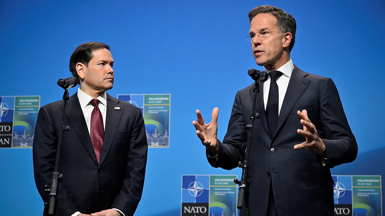 NATO Secretary General Mark Rutte and US Secretary of State Marco Rubio make statements at the NATO Foreign Ministers' meeting at the Clarion Hotel and Congress Sea U in Helsingborg, Sweden, May 22, 2026. TT News Agency/Johan Nilsson via REUTERS ATTENTION EDITORS - THIS IMAGE WAS PROVIDED BY A THIRD PARTY. SWEDEN OUT. NO COMMERCIAL OR EDITORIAL SALES IN SWEDEN. NO RESALES. NO ARCHIVES.