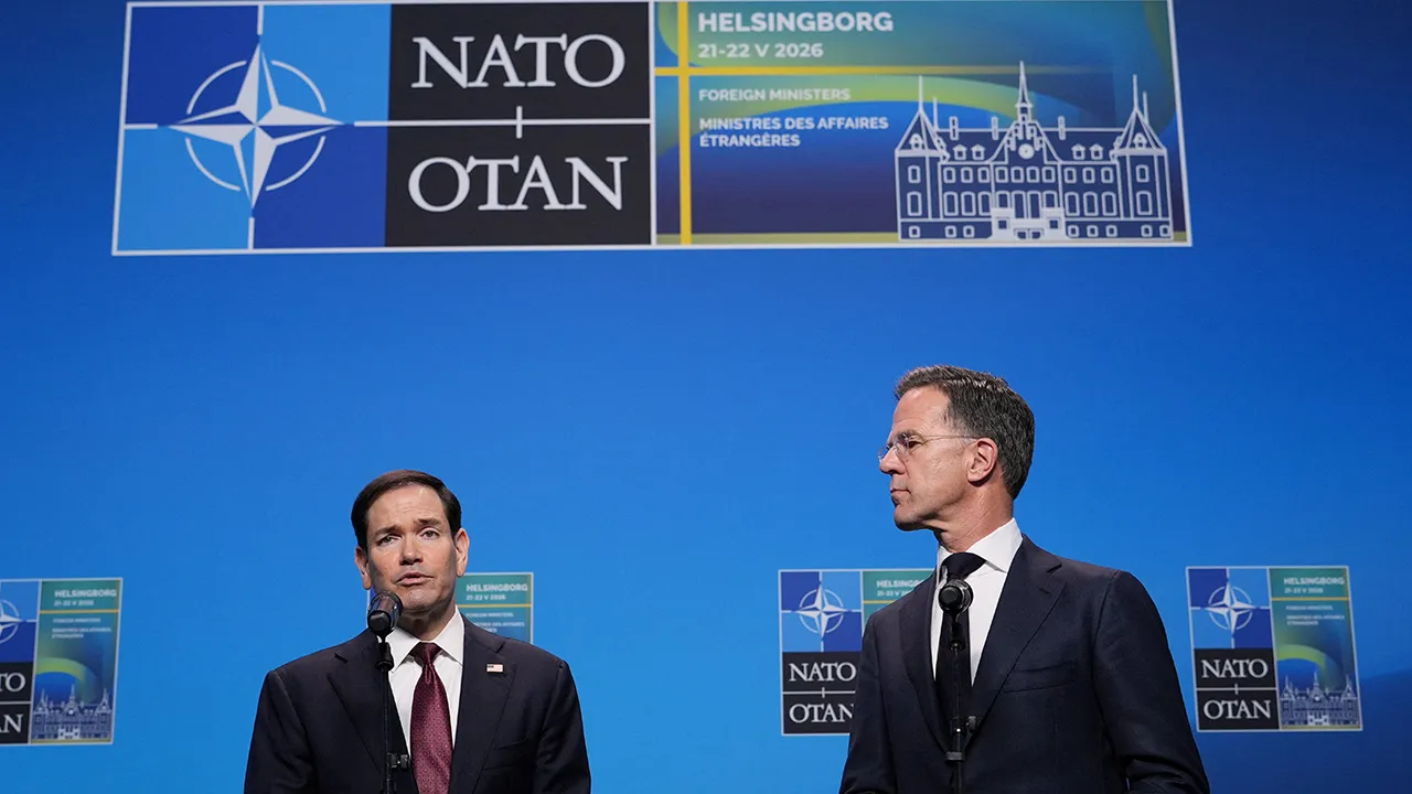 United States Secretary of State Marco Rubio, left, and NATO Secretary General Mark Rutte deliver a statement during a meeting of NATO foreign ministers in Helsingborg, Sweden, Friday, May 22, 2026. Julia Demaree Nikhinson/Pool via REUTERS