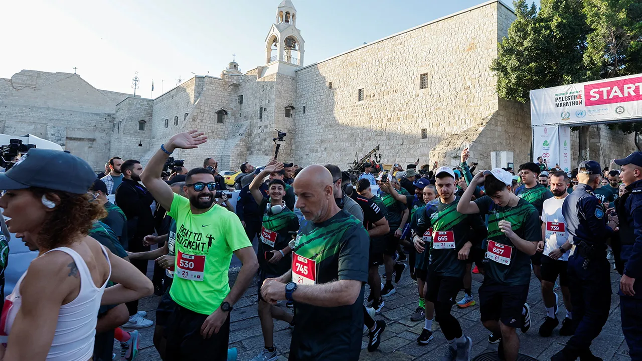 Participants at the starting point near the Church of the Nativity during the annual Palestine Marathon in Bethlehem, in the Israeli-occupied West Bank May 8, 2026. REUTERS/Mussa Qawasma