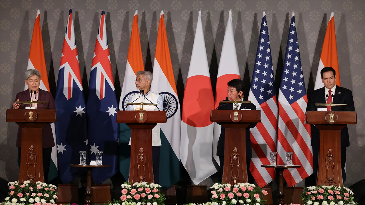 U.S. Secretary of State Marco Rubio, Australian Foreign Minister Penny Wong, Japanese Foreign Minister Toshimitsu Motegi and Indian Foreign Minister Subrahmanyam Jaishankar attend a joint press conference after attending the Quad Foreign Ministers' meeting at the Hyderabad House in New Delhi, India, May 26, 2026. REUTERS/Adnan Abidi