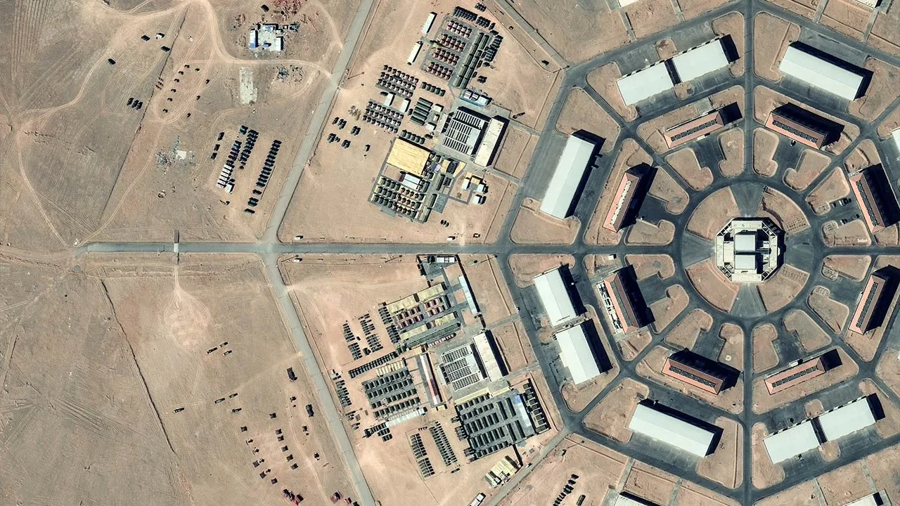 A satellite image shows military activity underway at the Xinjiang octagon-shaped installation, with large tents and a range of military vehicles, in the Xinjiang Uyghur Autonomous Region, China, April 30, 2026. Vantor/Handout via REUTERS