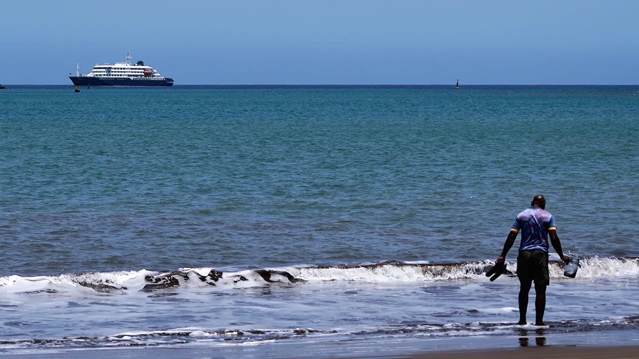 The MV Hondius cruise ship is anchored at a port in Praia, Cape Verde, Monday, May 4, 2026. (AP Photo/Arilson Almeida)