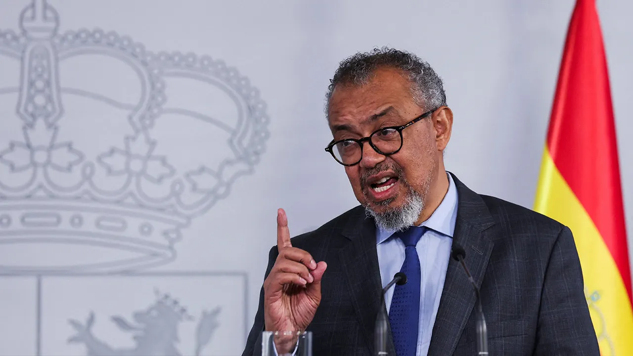 World Health Organization (WHO) Director-General Tedros Adhanom Ghebreyesus speaks during a joint press conference with Spain's Prime Minister Pedro Sanchez (not pictured) at Moncloa Palace, in Madrid, Spain, May 12, 2026. REUTERS/Violeta Santos Moura