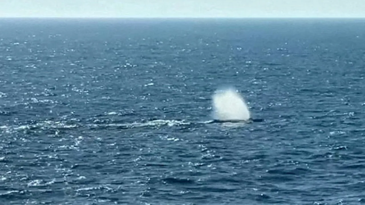 A humpback whale which was stranded in the Baltic Sea off the German coast since March, blows a fountain at the open North Sea, May 2, 2026, after leaving a floating barge that had been towing him towards the Atlantic behind the ship "Fortuna B", in this still image obtained from a video. NonstopNews/Jens Schwarck/REUTERS TV via REUTERS THIS IMAGE HAS BEEN SUPPLIED BY A THIRD PARTY. MANDATORY CREDIT. GERMANY OUT. NO COMMERCIAL OR EDITORIAL SALES IN GERMANY TPX IMAGES OF THE DAY