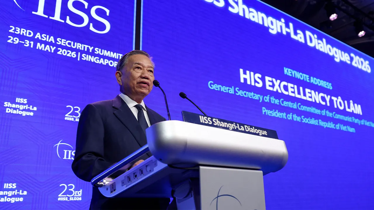 Vietnamese President To Lam gives a keynote address during the IISS Shangri-la Dialogue security summit in Singapore May 29, 2026. REUTERS/Edgar Su