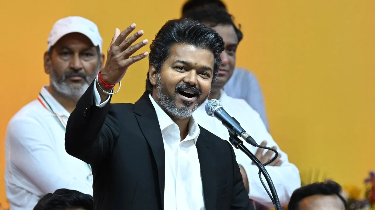 Tamilaga Vettri Kazhagam (TVK) party leader and actor-turned-politician Joseph Vijay, speaks after taking oath as chief minister of Tamil Nadu state, in Chennai, India, Sunday, May 10, 2026. (AP Photo)