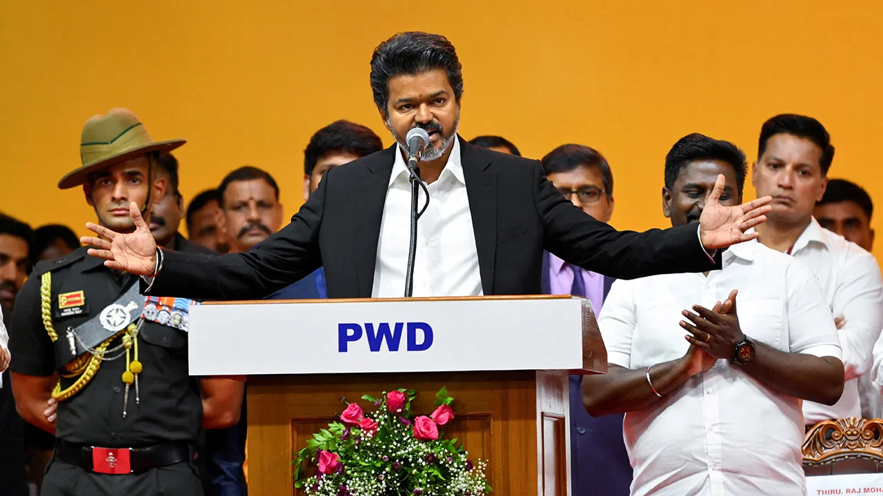 Actor turned politician Vijay gestures while giving a speech during a swearing-in ceremony for the Chief Minister of Tamil Nadu at Jawaharlal Nehru Stadium, Chennai, India, May 10, 2026. REUTERS/Riya Mariyam R TPX IMAGES OF THE DAY