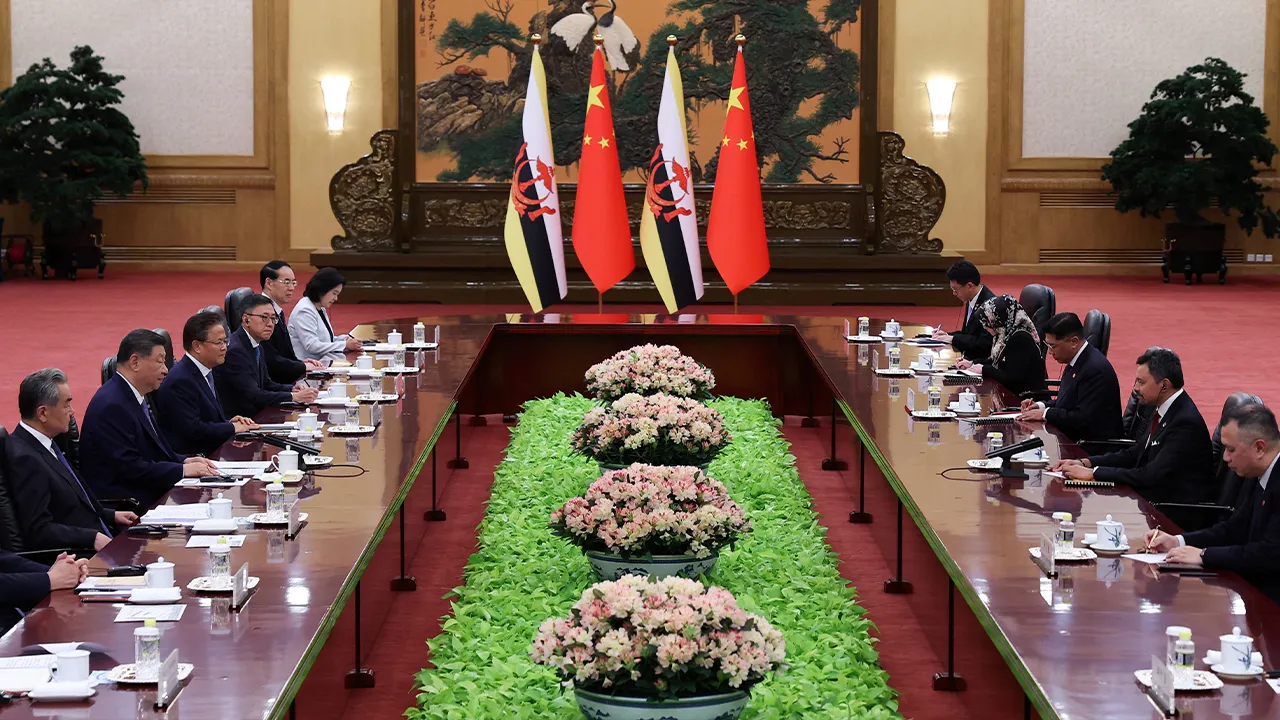 Brunei's Crown Prince Al-Muhtadee Billah, China's President Xi Jinping, and members of delegations attend a meeting at the Great Hall of the People in Beijing, China, May 12, 2026. REUTERS/Maxim Shemetov/Pool
