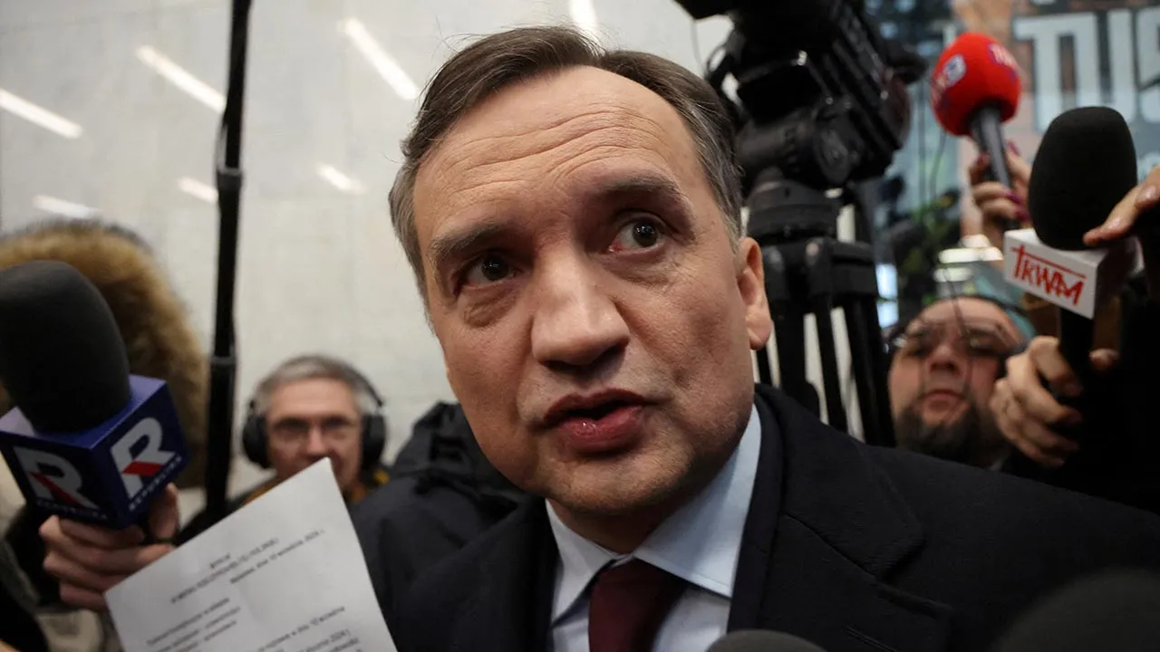 FILE PHOTO: Member of the Law and Justice (PiS) party and former Poland's Justice Minister Zbigniew Ziobro reacts after he was detained by police at the Polish TV Republika station's headquarters to be brought to testify before the Pegasus Investigation Committee, in Warsaw, Poland January 31, 2025. Agencja Wyborcza.pl/Robert Kowalewski/via REUTERS