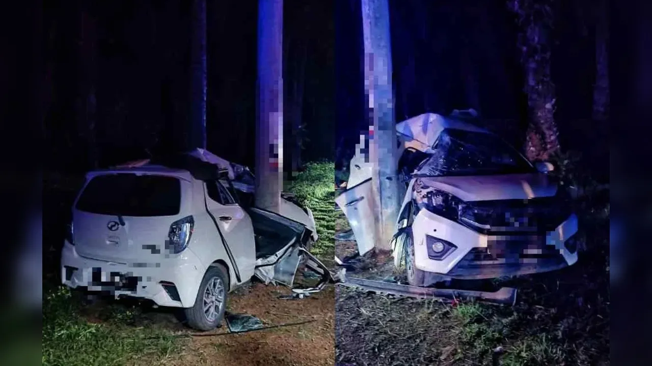 Kereta yang dinaiki mangsa remuk di bahagian depan selepas melanggar tiang dalam kemalangan di Jalan Besar Jengka 12 pada Jumaat malam. Foto Polis Maran