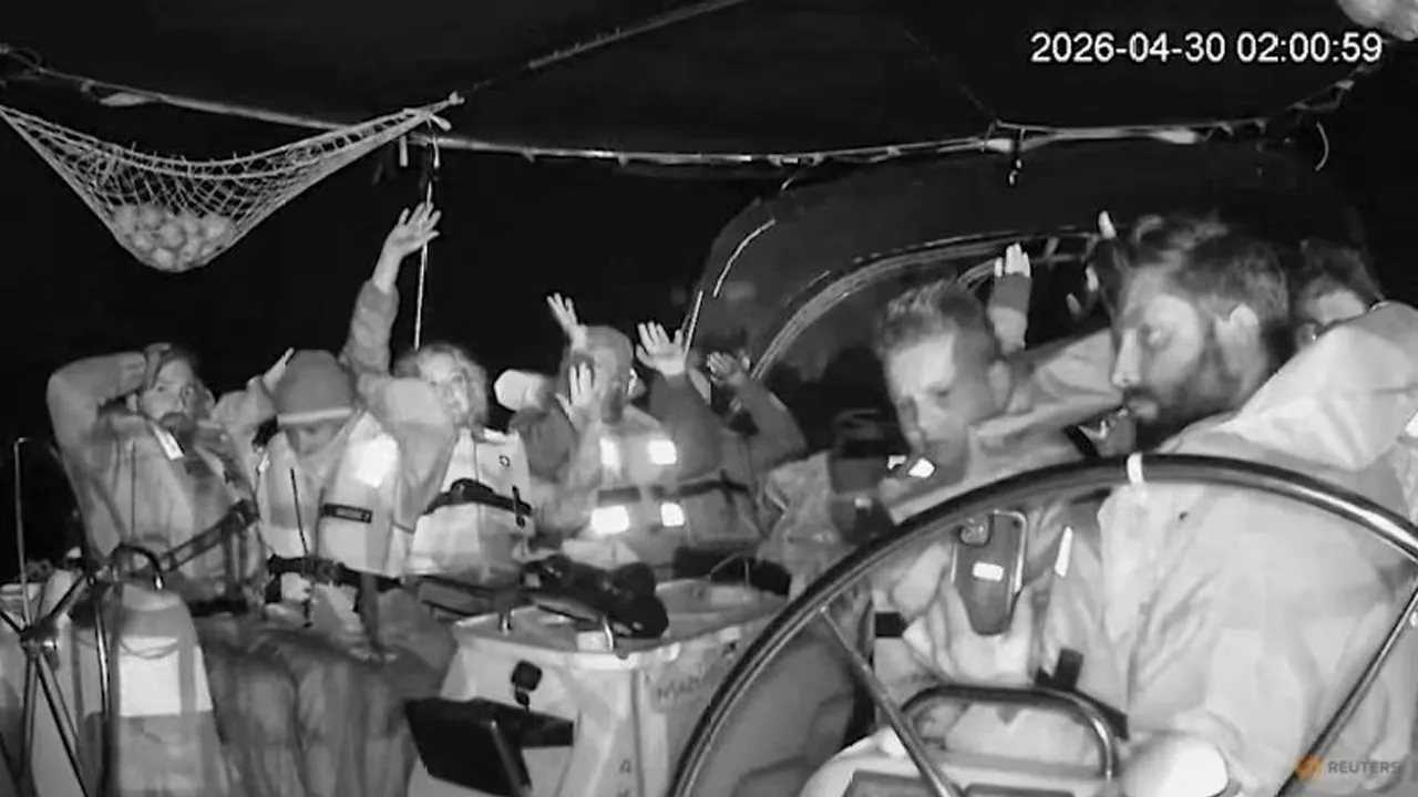 CCTV footage shows crew members of the second flotilla that sailed from the Spanish port of Barcelona, at a location given as at sea off the coast of Greece, Apr 30, 2026. (Photo: REUTERS/Global Sumud Flotilla)