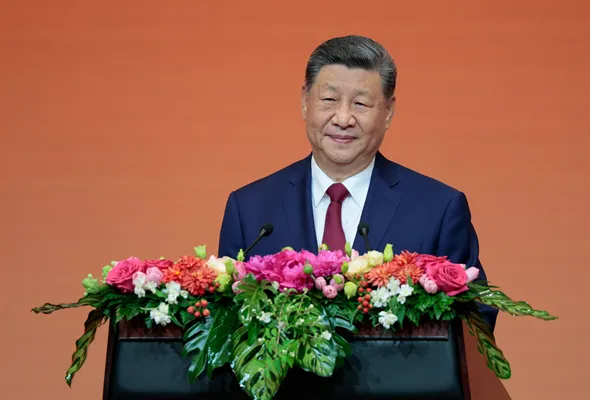 Chinese President Xi Jinping speaks at a state banquet with U.S. President Donald Trump (not pictured) at the Great Hall of the People in Beijing, China, May 14, 2026. REUTERS/Evan Vucci