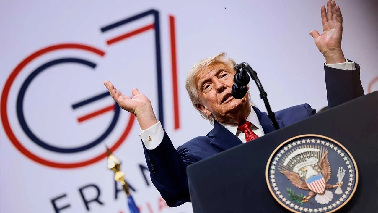 U.S. President Donald Trump holds a press conference during the G7 Summit in Evian-les-Bains, France, June 17, 2026. REUTERS/Evelyn Hockstein
