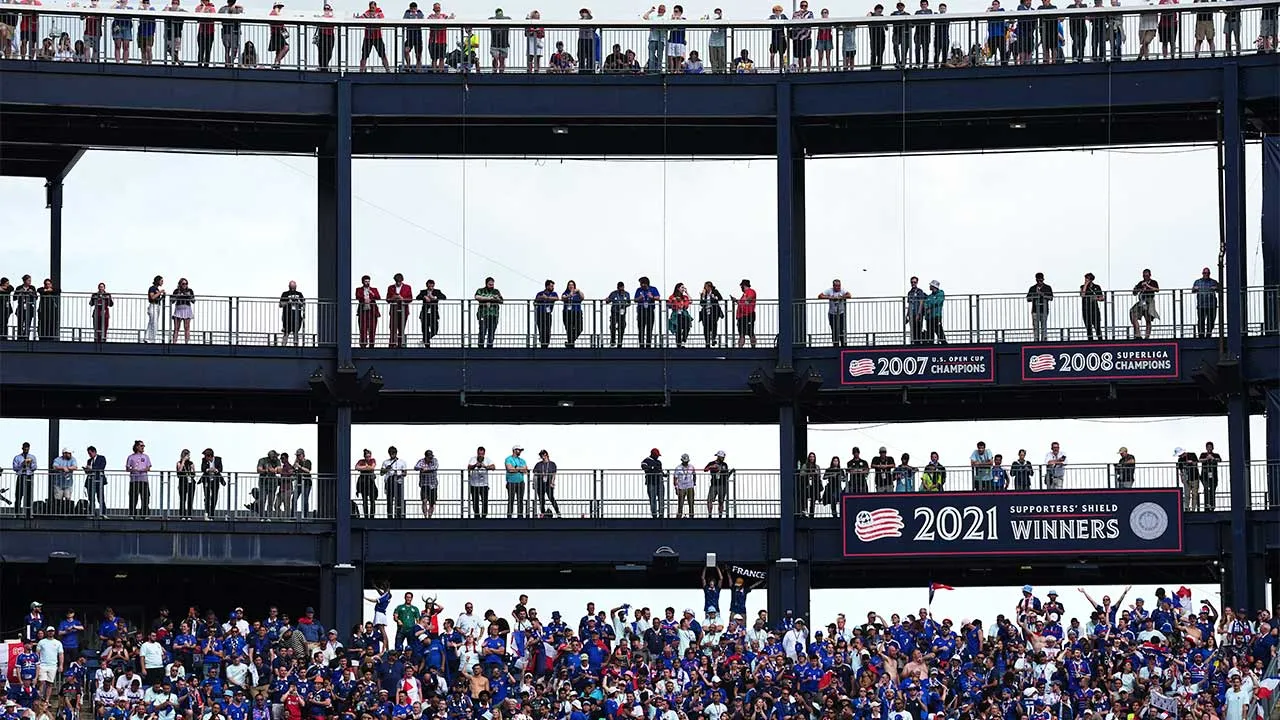 France fans watch the World Cup Group I soccer match between Norway and France in Foxborough, Mass., near Boston, Friday, June 26, 2026. (AP Photo/Martin Meissner)
