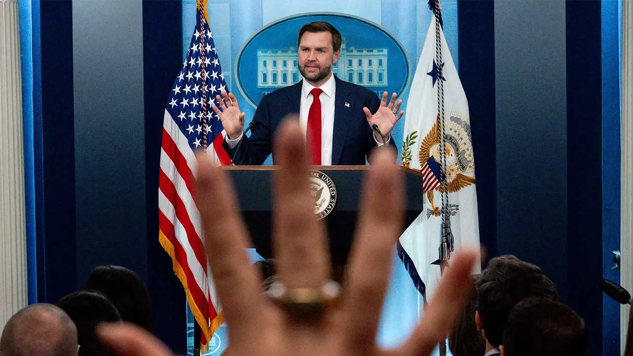 U.S. Vice President JD Vance holds a press briefing at the White House in Washington, D.C., U.S., June 18, 2026. REUTERS/Eric Lee TPX IMAGES OF THE DAY