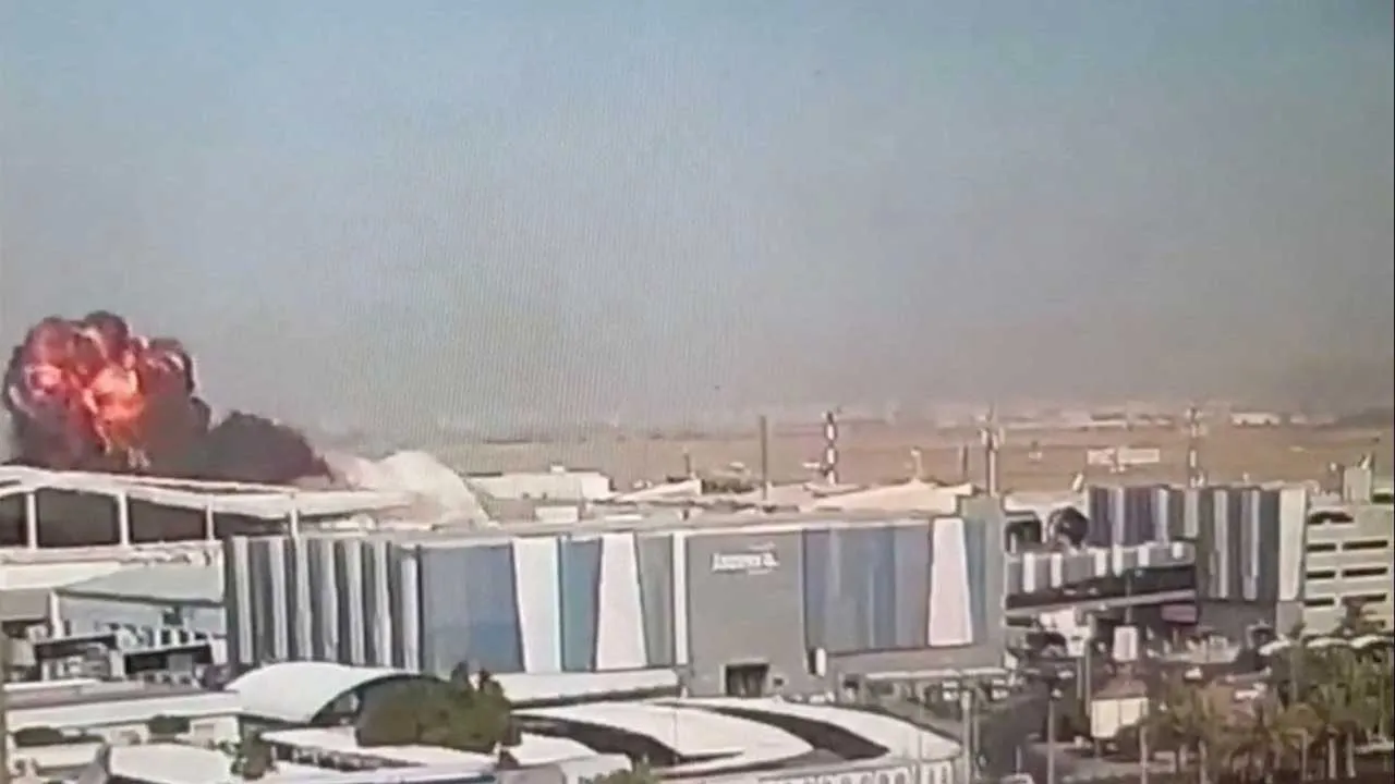 A CCTV footage shows fire and smoke rise following a strike on Kuwait International Airport, in Kuwait City, Kuwait June 3, 2026, in this screengrab from a video. Civil Aviation Kuwait/Handout via REUTERS THIS IMAGE HAS BEEN SUPPLIED BY A THIRD PARTY. NO RESALES. NO ARCHIVES. MANDATORY CREDIT. VERIFICATION: -Buildings, roof structure, columns and interior of airport terminal matched archive and satellite imagery -Kuwaiti authorities said an Iranian drone and missile attack damaged airport facilities and dip
