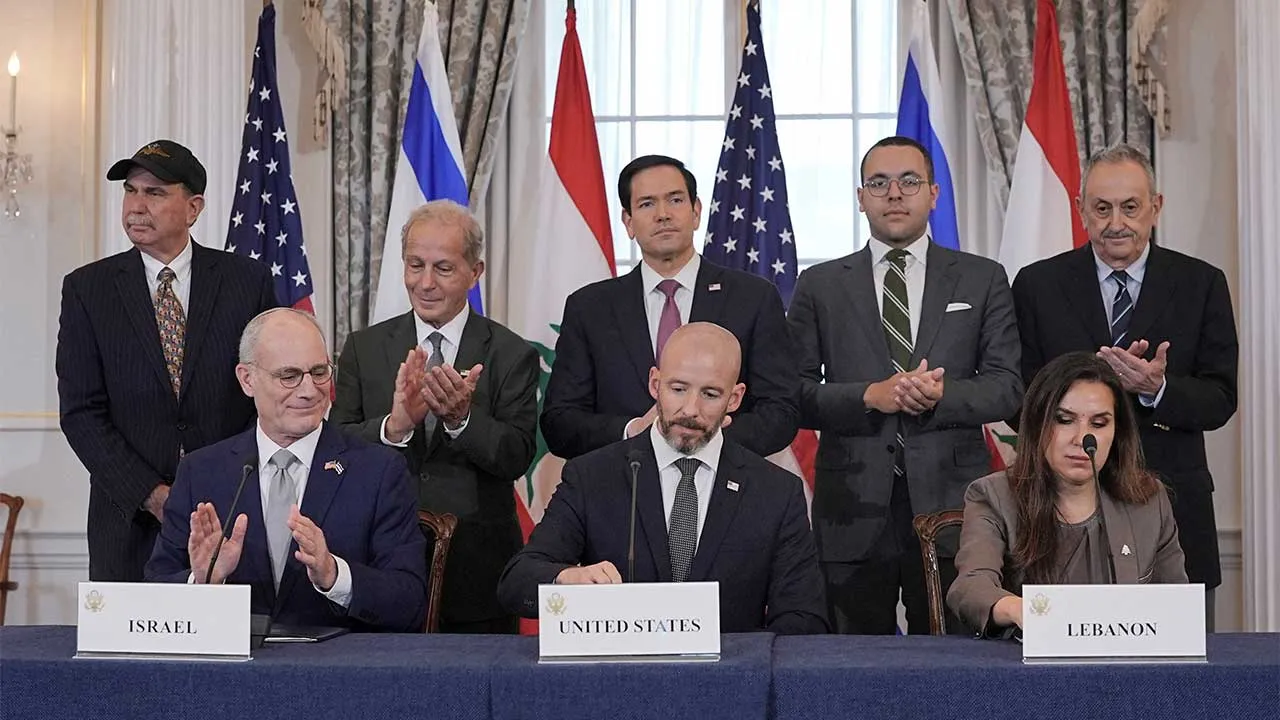 U.S. Secretary of State Marco Rubio and Israel's Ambassador to the U.S. Yechiel Leiter applaud after signing a framework agreement between Israel and Lebanon with State Department Counselor Daniel Holler, and Lebanon's Ambassador to the U.S. Nada Hamadeh, at the State Department in Washington, D.C., U.S., June 26, 2026. REUTERS/Ken Cedeno