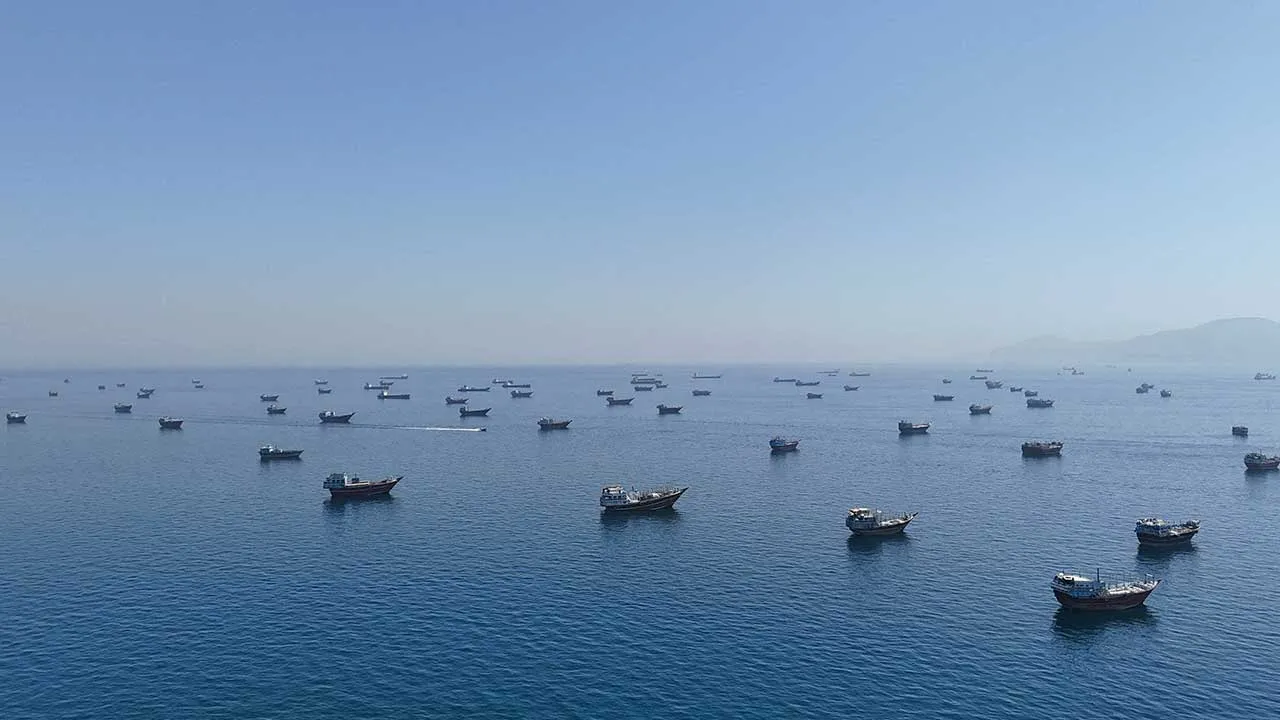 FILE PHOTO: A drone view of vessels anchored in the Strait of Hormuz as seen from Musandam, Oman, June 8, 2026. REUTERS/Stringer/File Photo