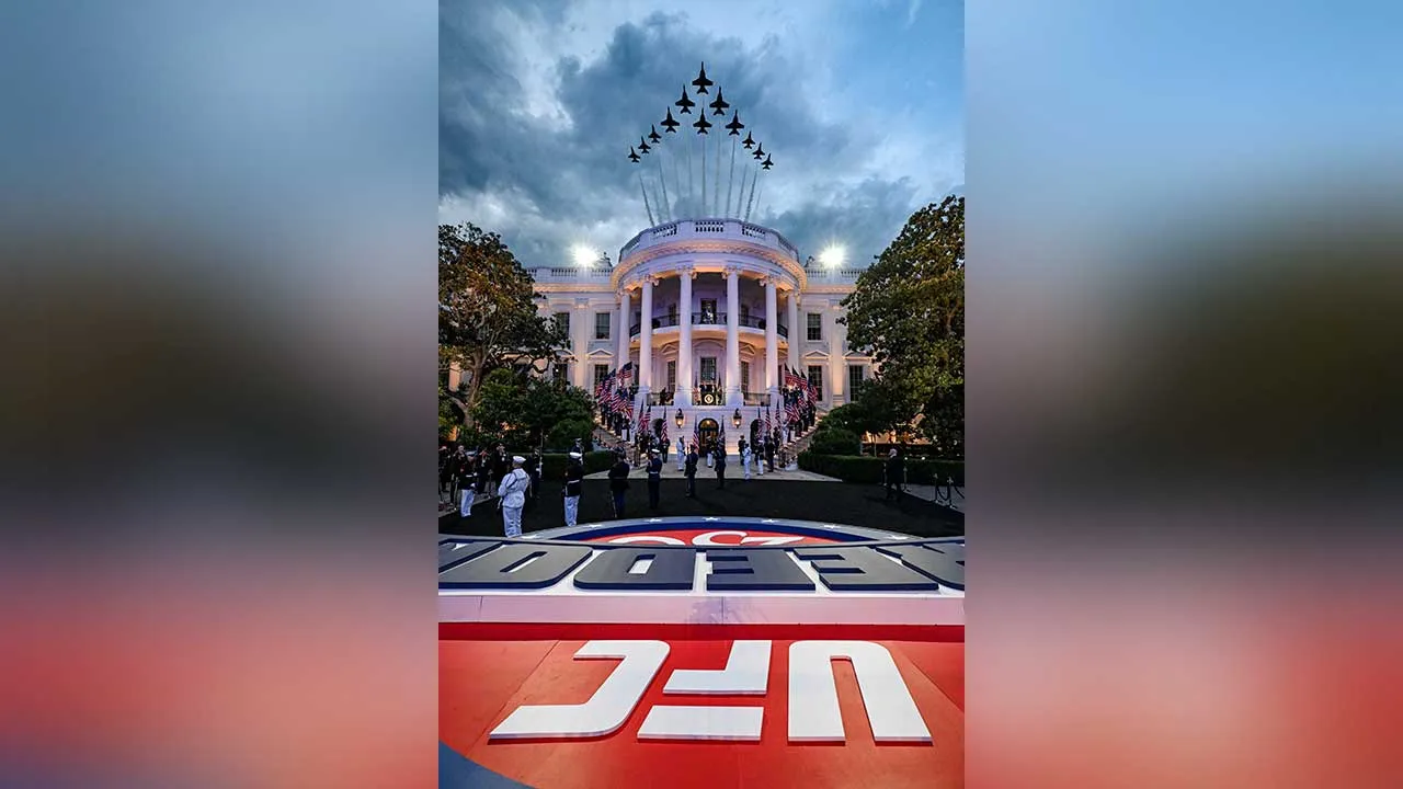 WASHINGTON, D.C. - SUNDAY, JUNE 14, 2026: A 12-ship formation consisting of six U.S. Air Force Thunderbirds F-16 Fighting Falcons and 6 U.S. Navy Blue Angels fly over the White House as President Donald Trump and Dana White, president and CEO of the UFC, arrive for an Ultimate Fighting Championship match in Washington, D.C. on Sunday, June 14, 2026. Kenny Holston/The New York Times Kenny Holston/Pool via REUTERS