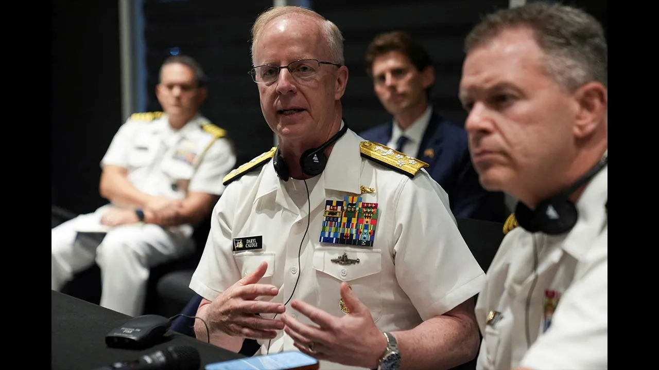 U.S. Chief of Naval Operations Admiral Daryl Caudle speaks with the press about regional priorities and cooperation with Panama regarding the Panama Canal, in Panama City, Panama, June 22, 2026. REUTERS/Enea Lebrun