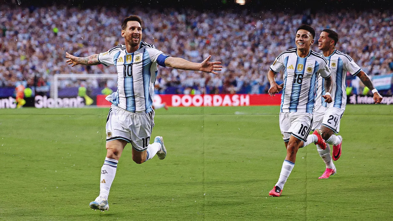 Soccer Football - FIFA World Cup 2026 - Group J - Argentina v Algeria - Kansas City Stadium, Kansas City, Missouri, U.S. - June 16, 2026 Argentina's Lionel Messi celebrates scoring their first goal REUTERS/Claudia Greco