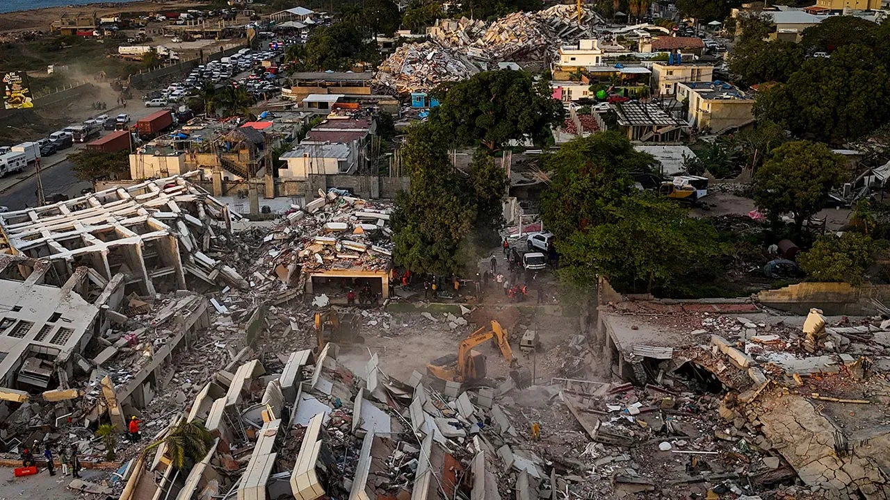An aerial view of buildings destroyed following earthquakes in Caraballeda, La Guaira State, Venezuela, on June 29, 2026. MIGUEL MEDINA/Pool via REUTERS