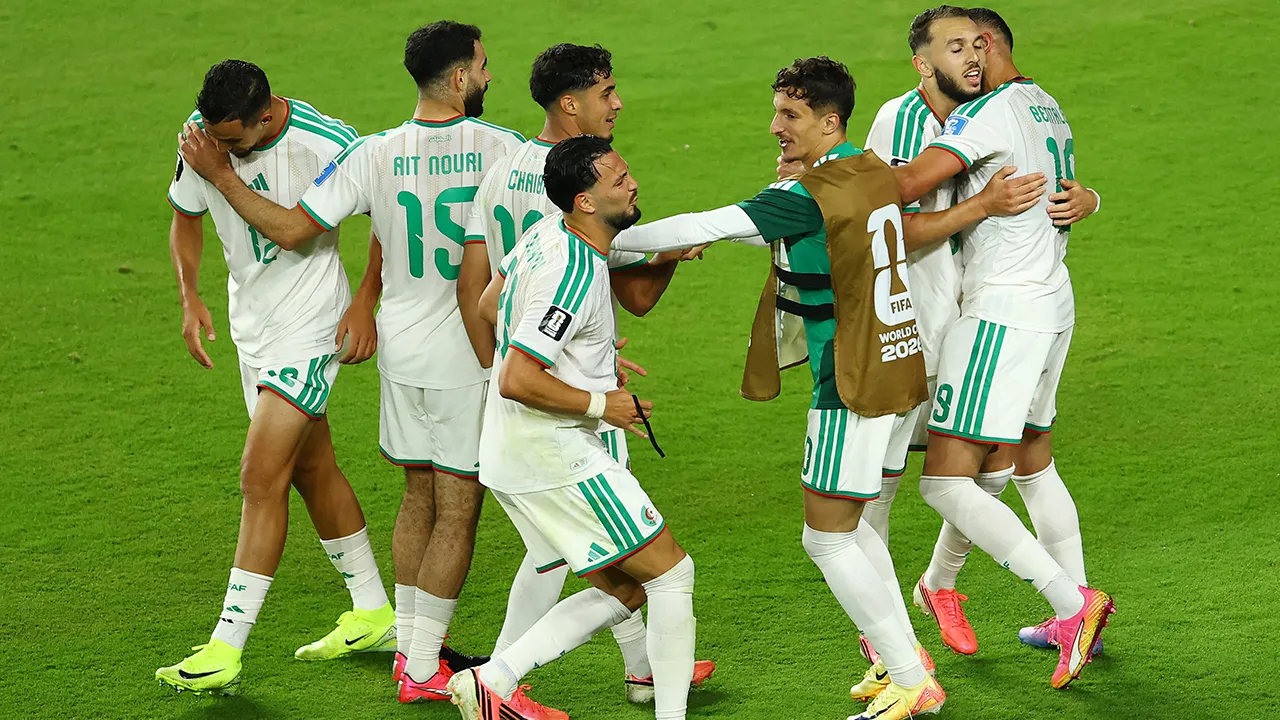 Soccer Football - FIFA World Cup 2026 - Group J - Jordan v Algeria - San Francisco Bay Area Stadium, Santa Clara, California, U.S. - June 22, 2026 Algeria's Amine Gouiri celebrates scoring their second goal with teammates REUTERS/Luisa Gonzalez