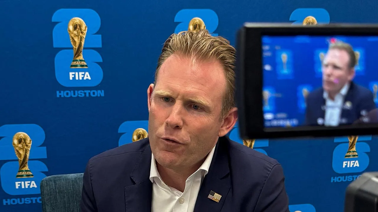 Andrew Giuliani, Executive Director of the White House Task Force for the FIFA World Cup 2026, speaks during an interview with Reuters at the FIFA Fan Festival Media Center, in Houston, Texas, U.S., June 20, 2026. Picture taken with a mobile phone. REUTERS/Lais Morais