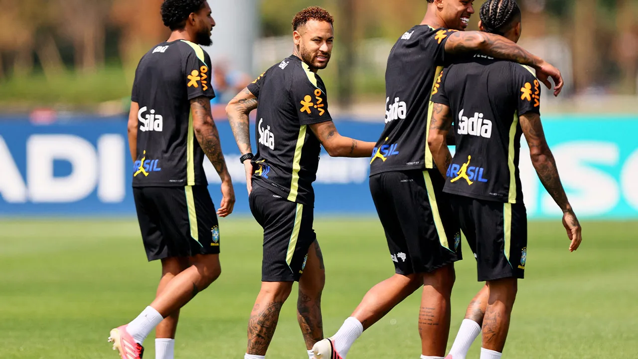 Soccer Football - FIFA World Cup 2026 - Brazil Training - Columbia Park Training Facility, Morristown, New Jersey, U.S. - June 17, 2026 Brazil's Neymar Jr., Ederson and Gabriel Magalhaes during training IMAGN IMAGES via Reuters/Caean Couto