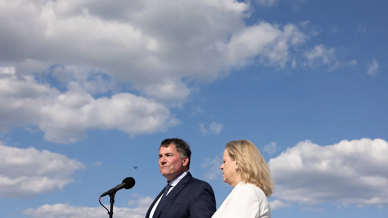 The Canadian minister responsible for Canada-U.S. relations, Dominic LeBlanc, and Canada's chief trade negotiator to the United States, Janice Charette, speak to the media at the Embassy of Canada in Washington, D.C., U.S., June 2, 2026. REUTERS/Anna Rose Layden