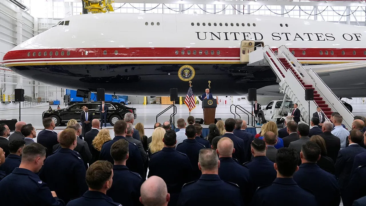 President Donald Trump speaks after touring the newly designated Air Force One presidential aircraft at Joint Base Andrews, Md., Friday, June 19, 2026. (AP Photo/Manuel Balce Ceneta)