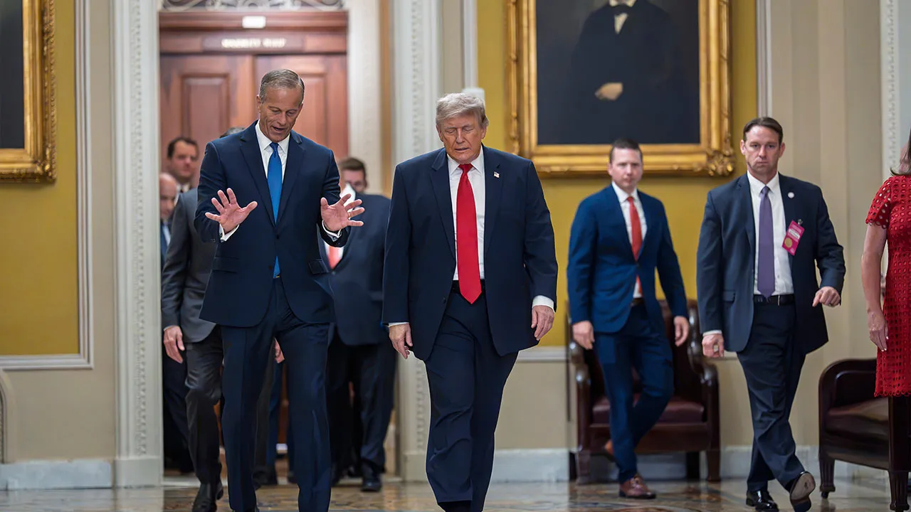 President Donald Trump, escorted by Senate Majority Leader John Thune, R-S.D., heads to a meeting with Senate Republicans at the Capitol in Washington, Wednesday, June 24, 2026. (AP Photo/J. Scott Applewhite)