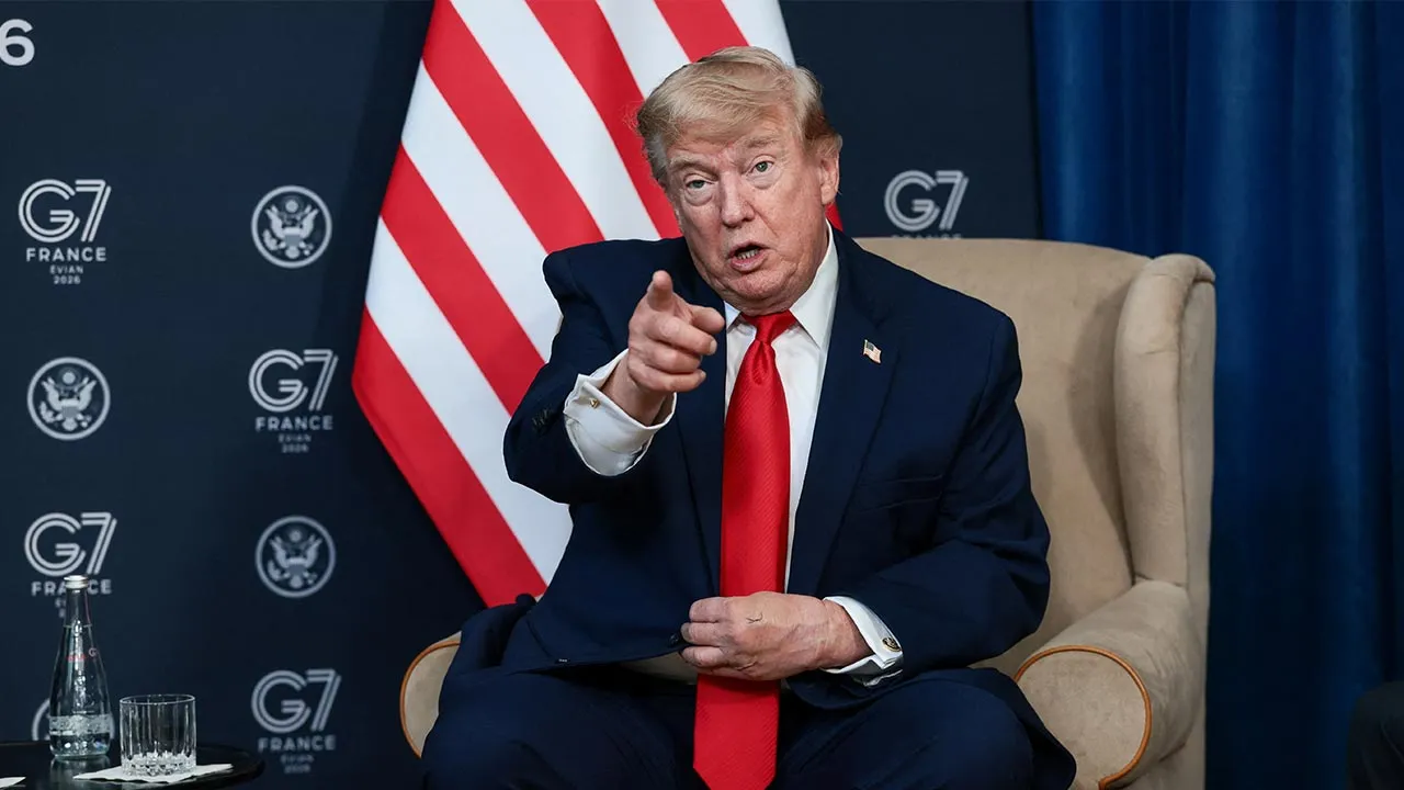 U.S. President Donald Trump attends a bilateral meeting with the Emir of Qatar, Sheikh Tamim bin Hamad Al Thani, on the sidelines of the G7 summit, in Evian-les-Bains, France, June 16, 2026. REUTERS/Evelyn Hockstein