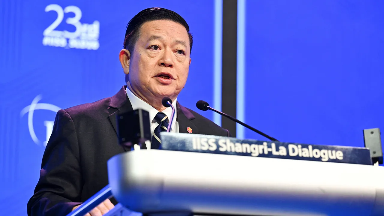 Dr. Kao Kim Hourn, Secretary-General of ASEAN speaks at the IISS Shangri-La Dialogue security summit in Singapore, May 30, 2026. REUTERS/Caroline Chia